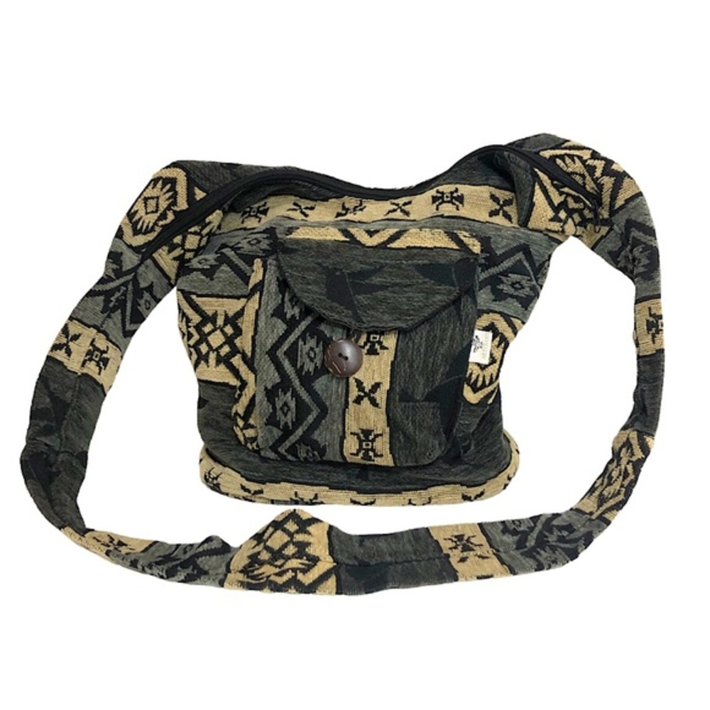 ARTESANY Wool Blend Ecuador  Tribal Boho‎ Black Tan Gray Hobo Zipper Bag